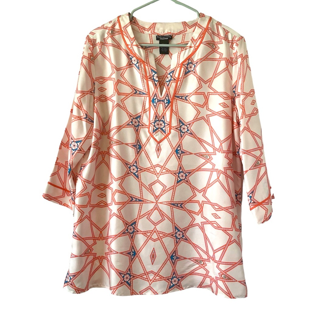 Doncaster Collection Silk 100% Women’s Top Tunic 3/4 Sleeve cream/ orange Sz 12